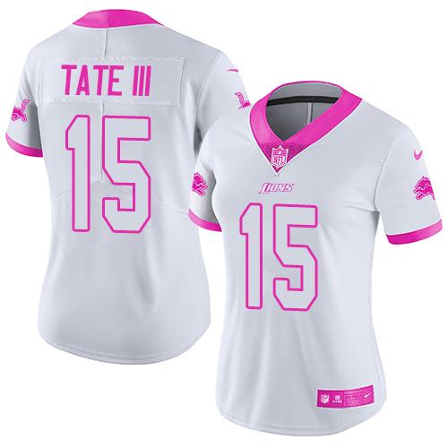 Nike Lions #15 Golden Tate III White/Pink Women's Stitched NFL Limited Rush Fashion Jersey
